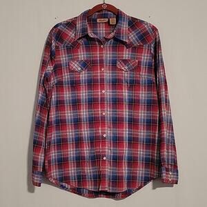Wrangler plaid square pearl snap button long sleeve shirt sz L red blue western